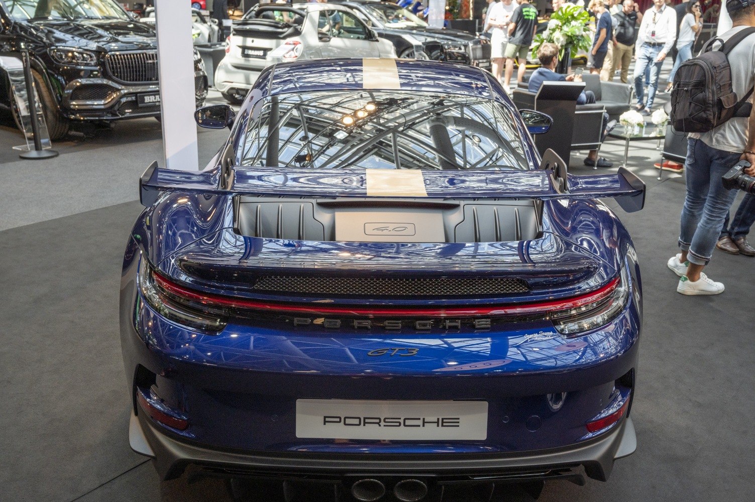 Large rear spoiler and continuous LED taillights on a performance sports model