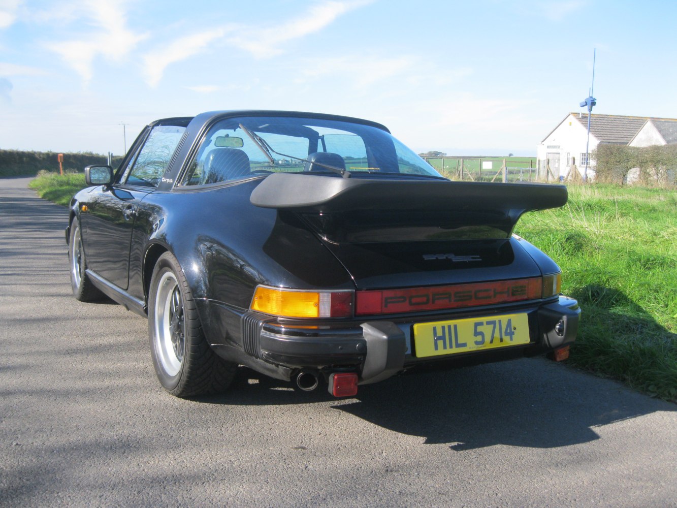 Rear view with whale tail spoiler and wide rear fenders