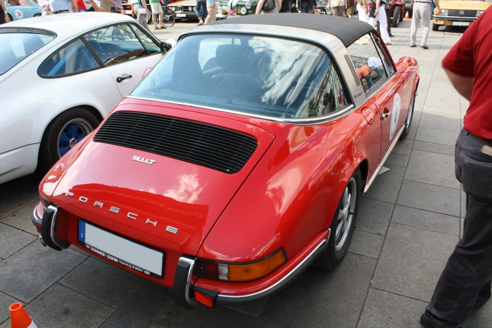 Rear view of classic Porsche 911 Targa with distinctive Targa roof and vintage design.