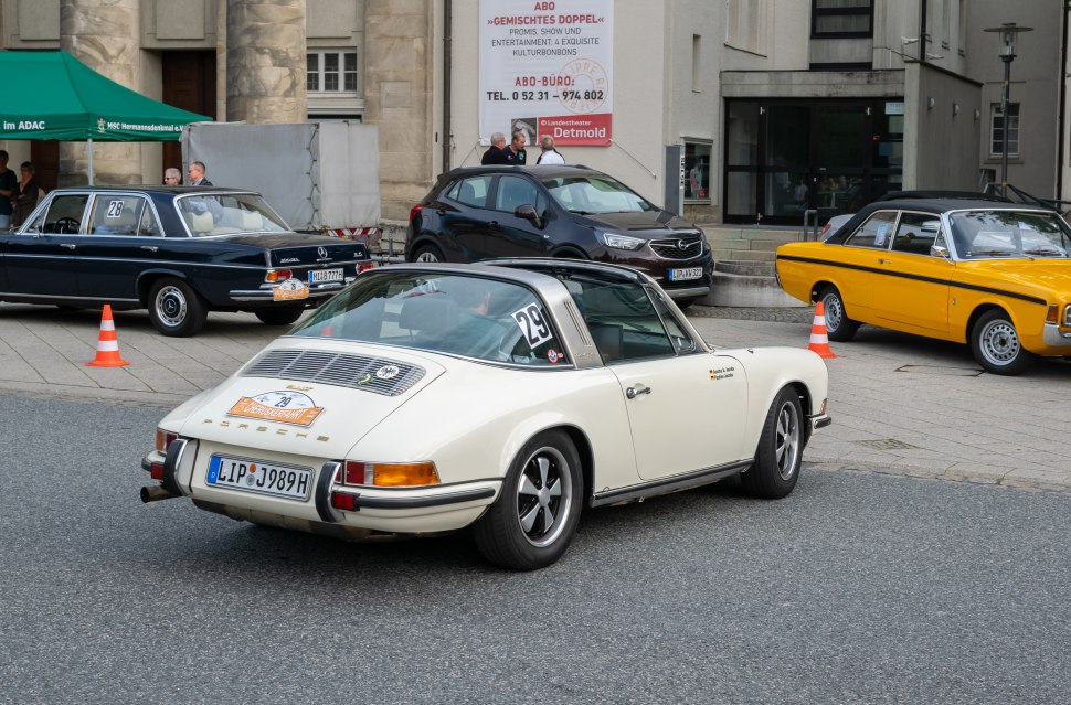 Rear view of vintage Porsche 911 Targa with Targa roof and classic design elements