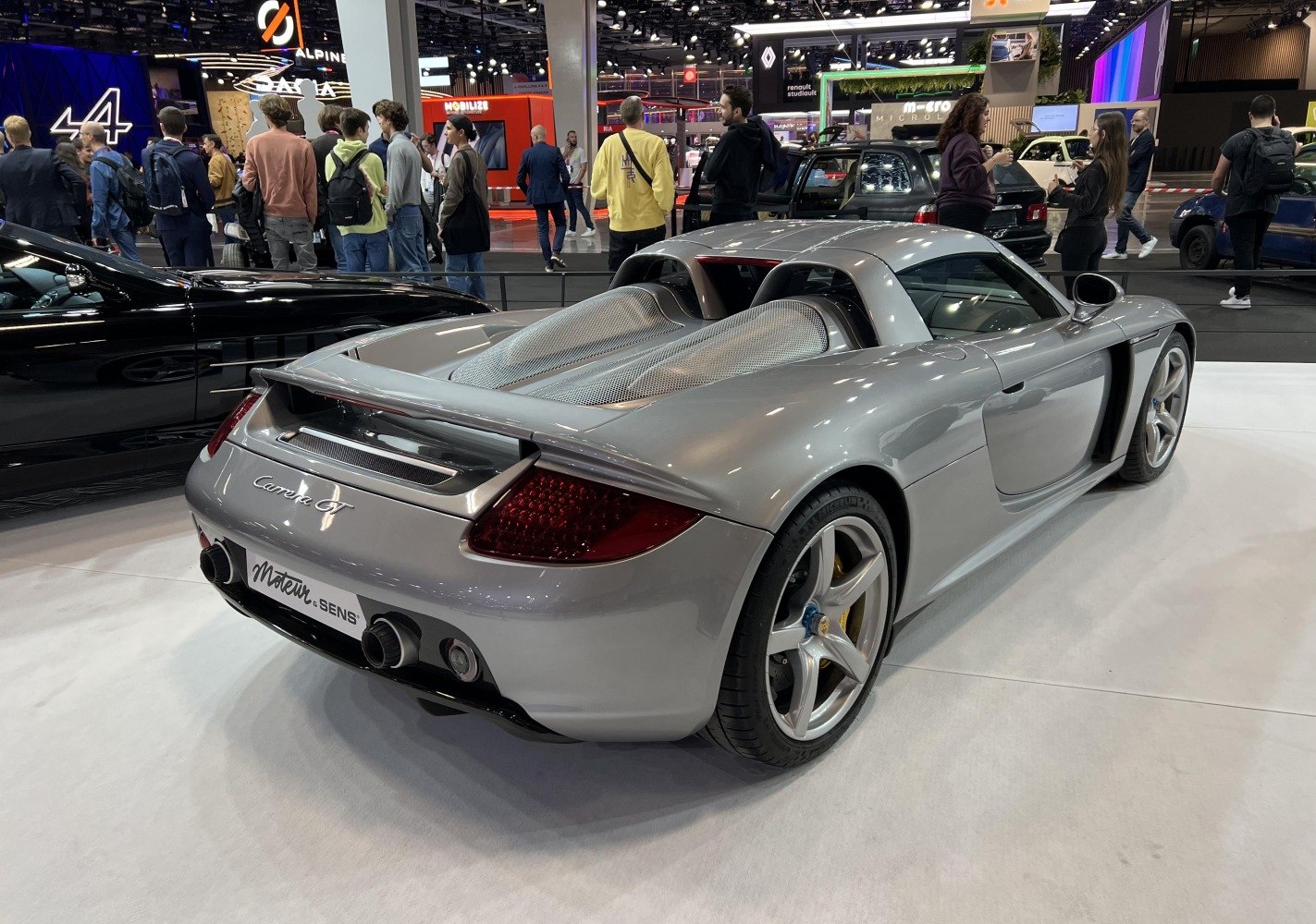 Rear view with twin exhaust and mesh engine cover