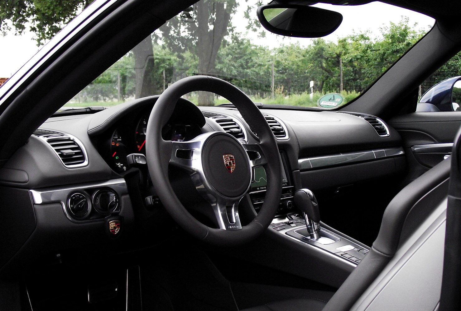 Steering wheel and dashboard with gear shifter of sports car