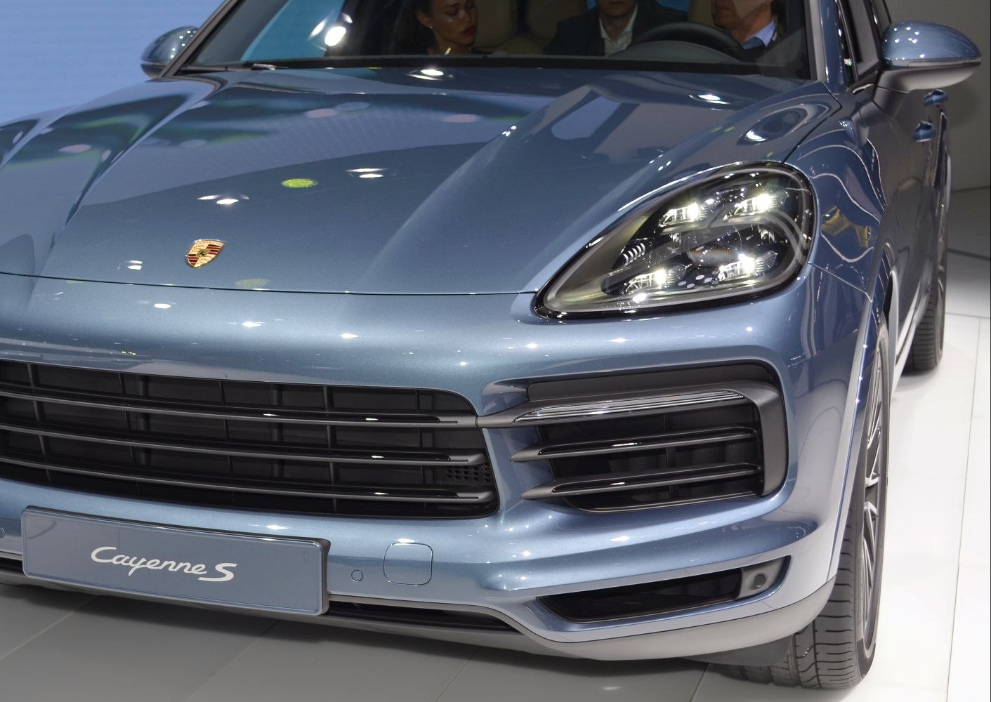 Close-up of front grille and LED headlights