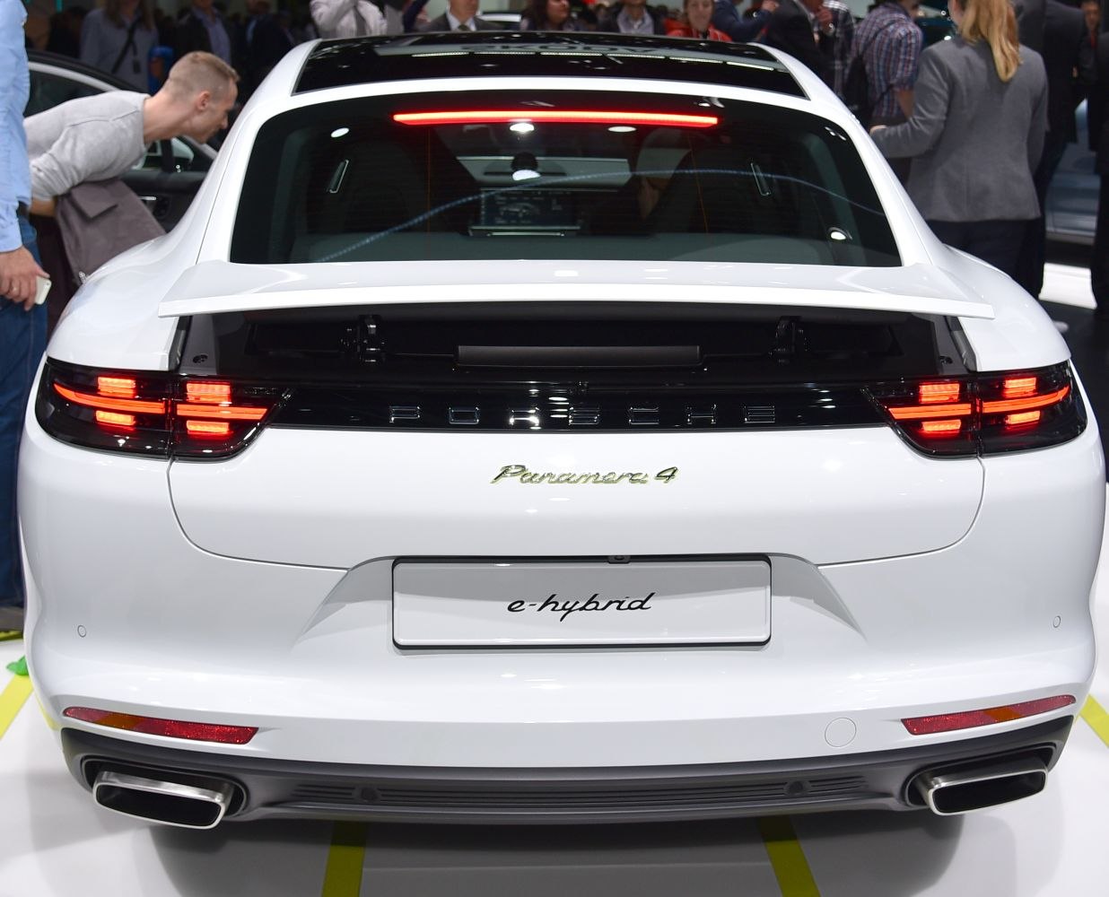 Rear view with LED taillights, e-Hybrid badge, and dual exhaust outlets
