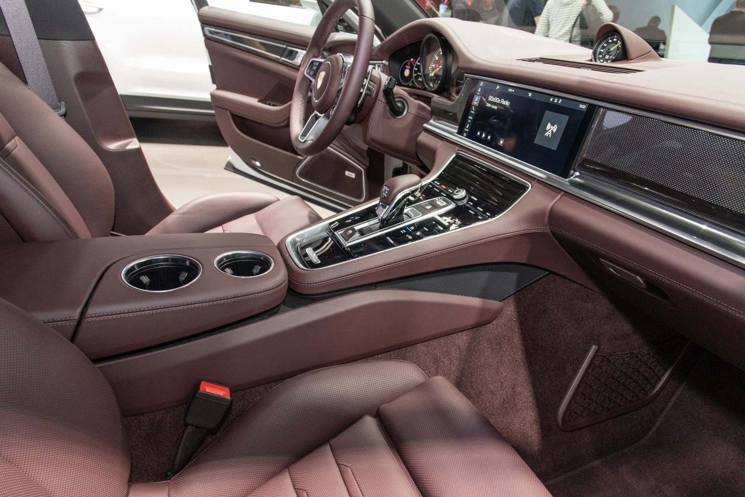 Luxury car interior with digital infotainment and leather seats