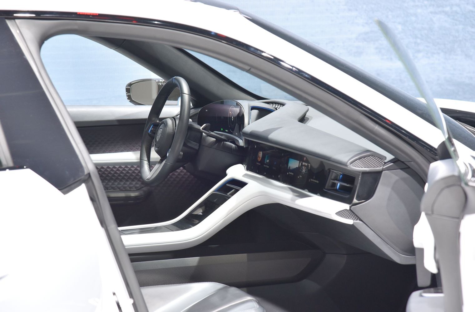 Digital dashboard and ergonomic steering wheel in futuristic car interior
