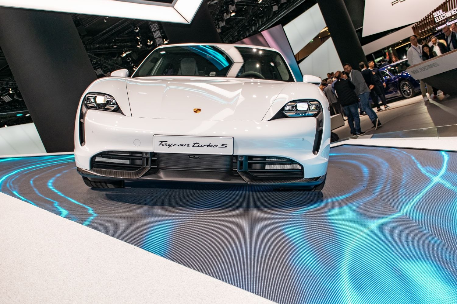 Sleek front view with distinctive headlights and aerodynamic shape