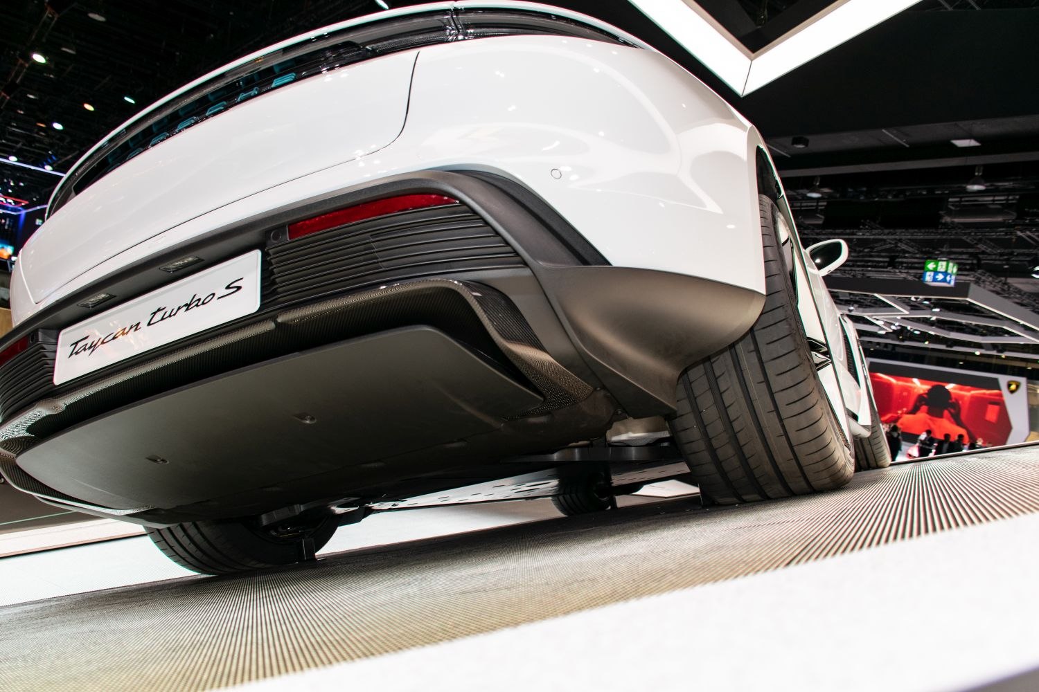 Close-up of rear diffuser and tires from low angle