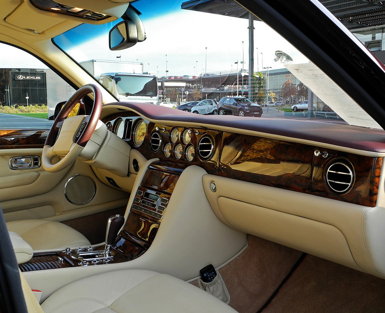 Classic luxury interior with wood trim and leather upholstery