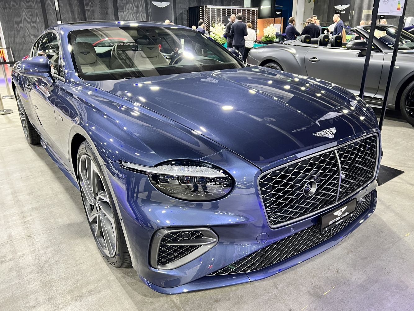 Luxury coupe front with mesh grille and sleek headlights