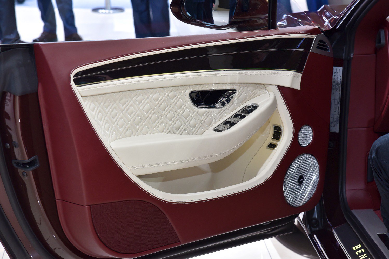 Quilted leather door panel with chrome speaker and multiple control buttons