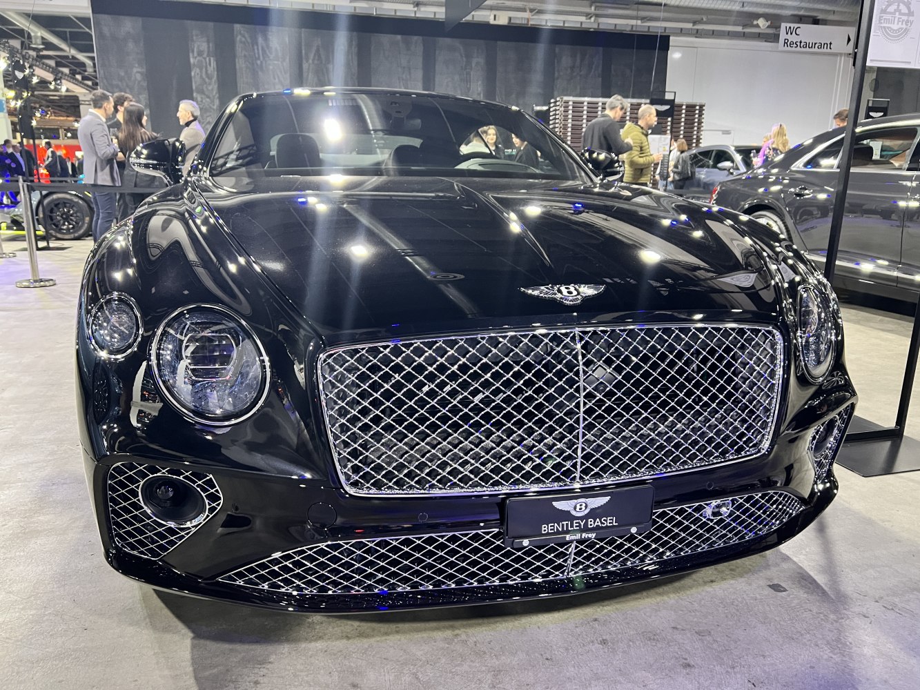 Luxury grille and round headlight in front view of a car