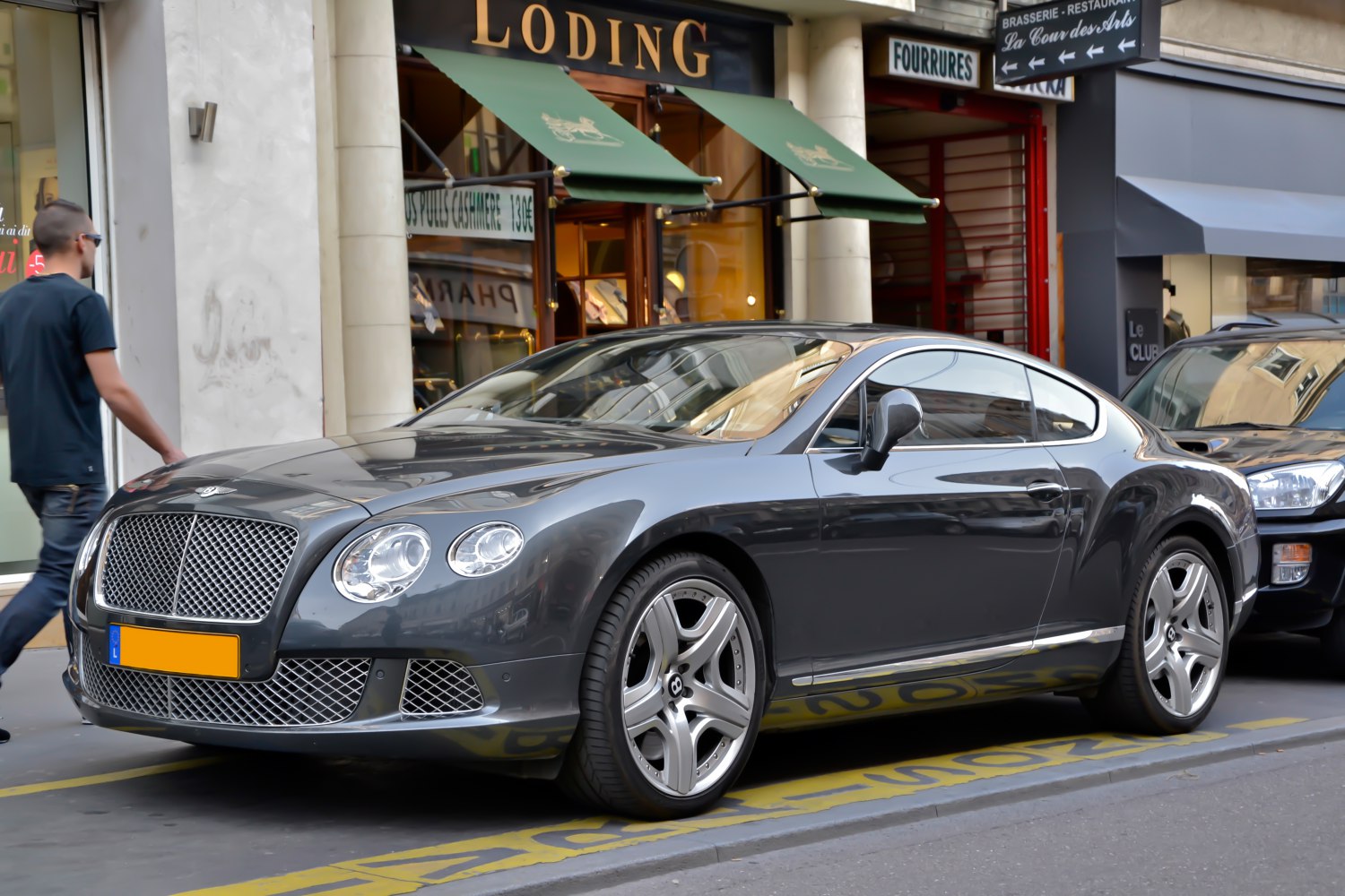 Luxury coupe front grille and side profile view