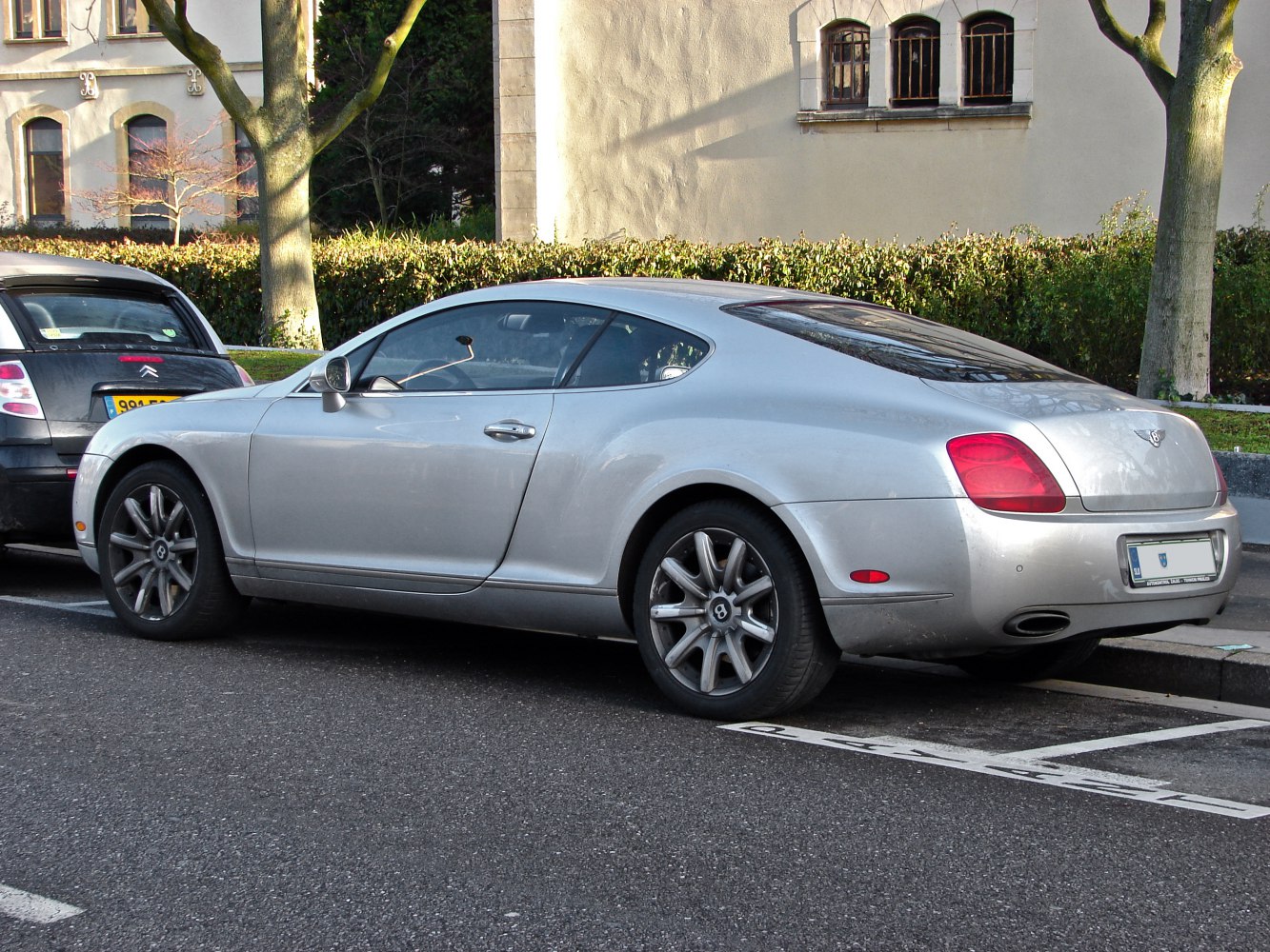 Silver luxury coupe showing rear side view with alloy wheels and smooth design lines