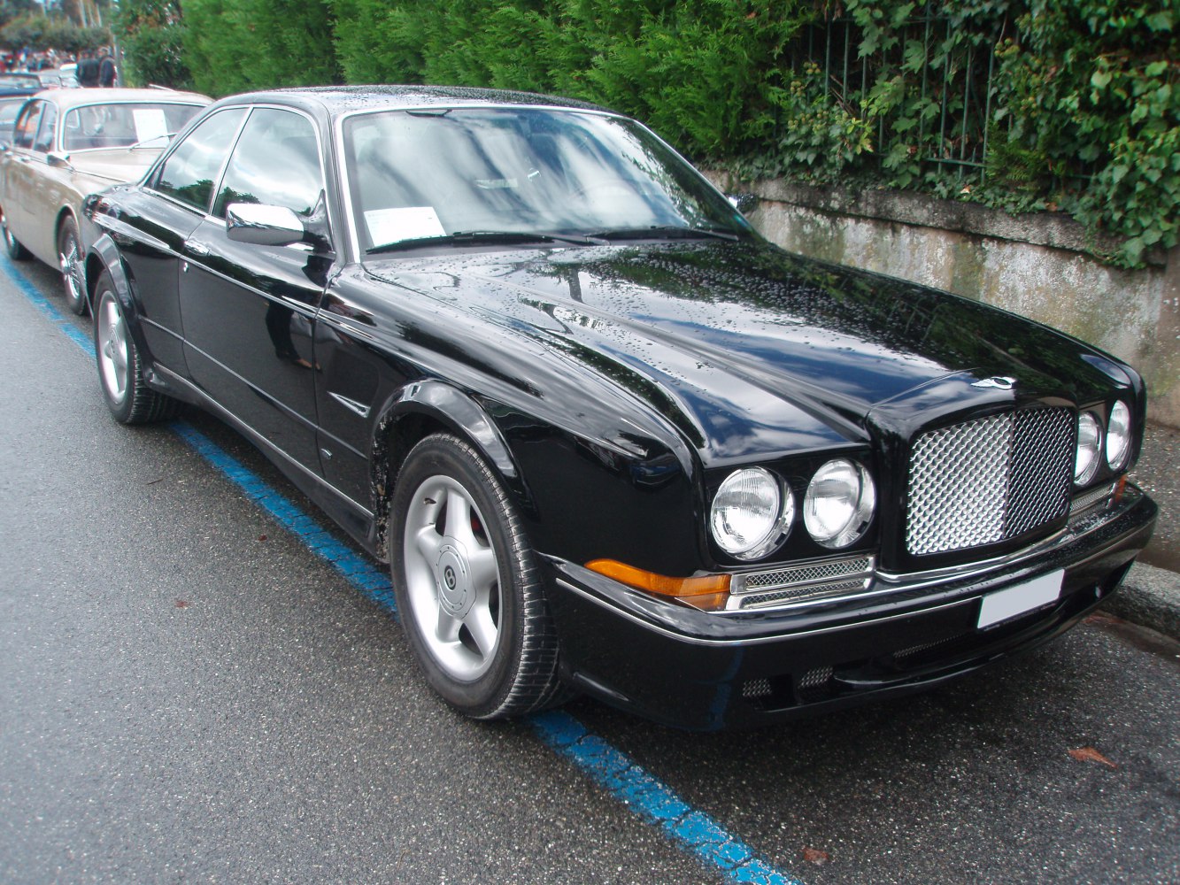 Two-door grand touring luxury coupe front and side view with classic grille and round headlights
