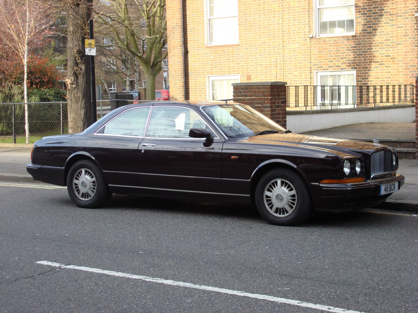 Side profile of a classic luxury coupe with elegant design and vintage wheels.