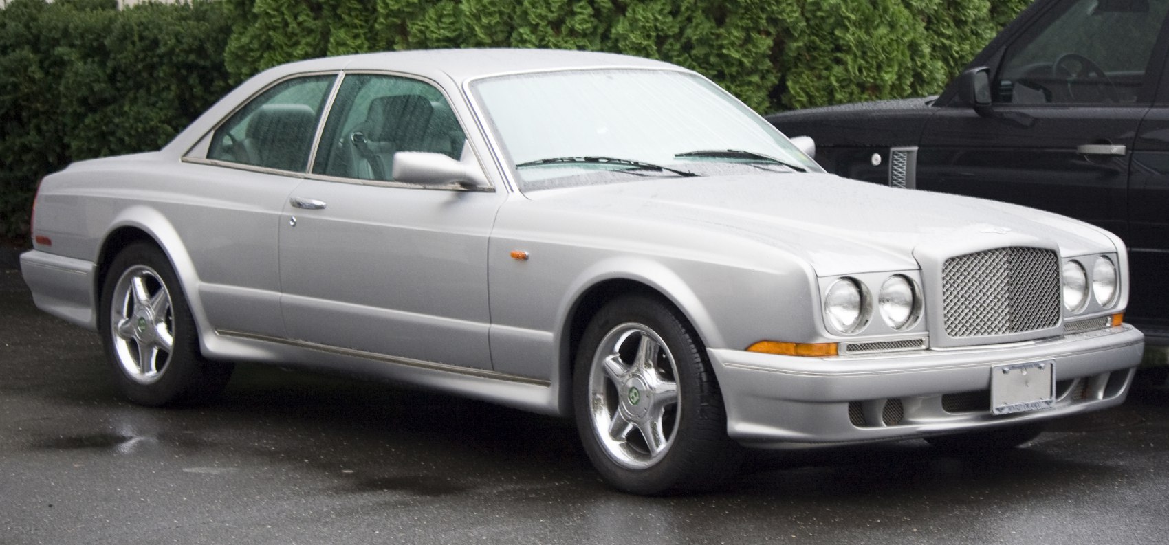 Silver luxury coupe with unique grille and quad headlights