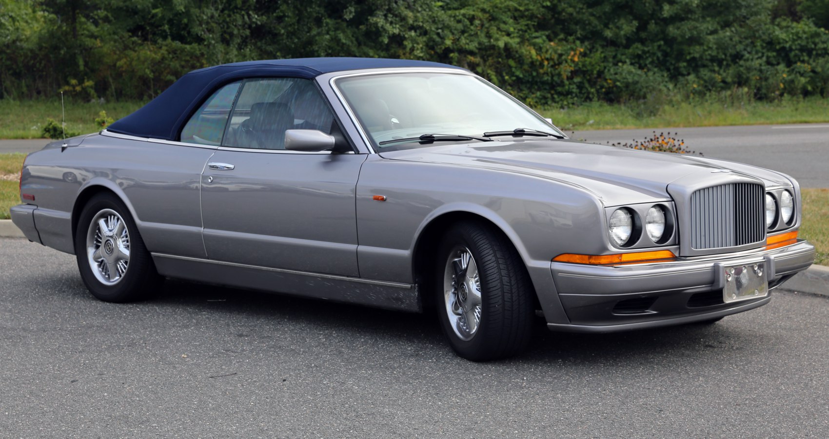 Silver luxury convertible with blue soft top covering