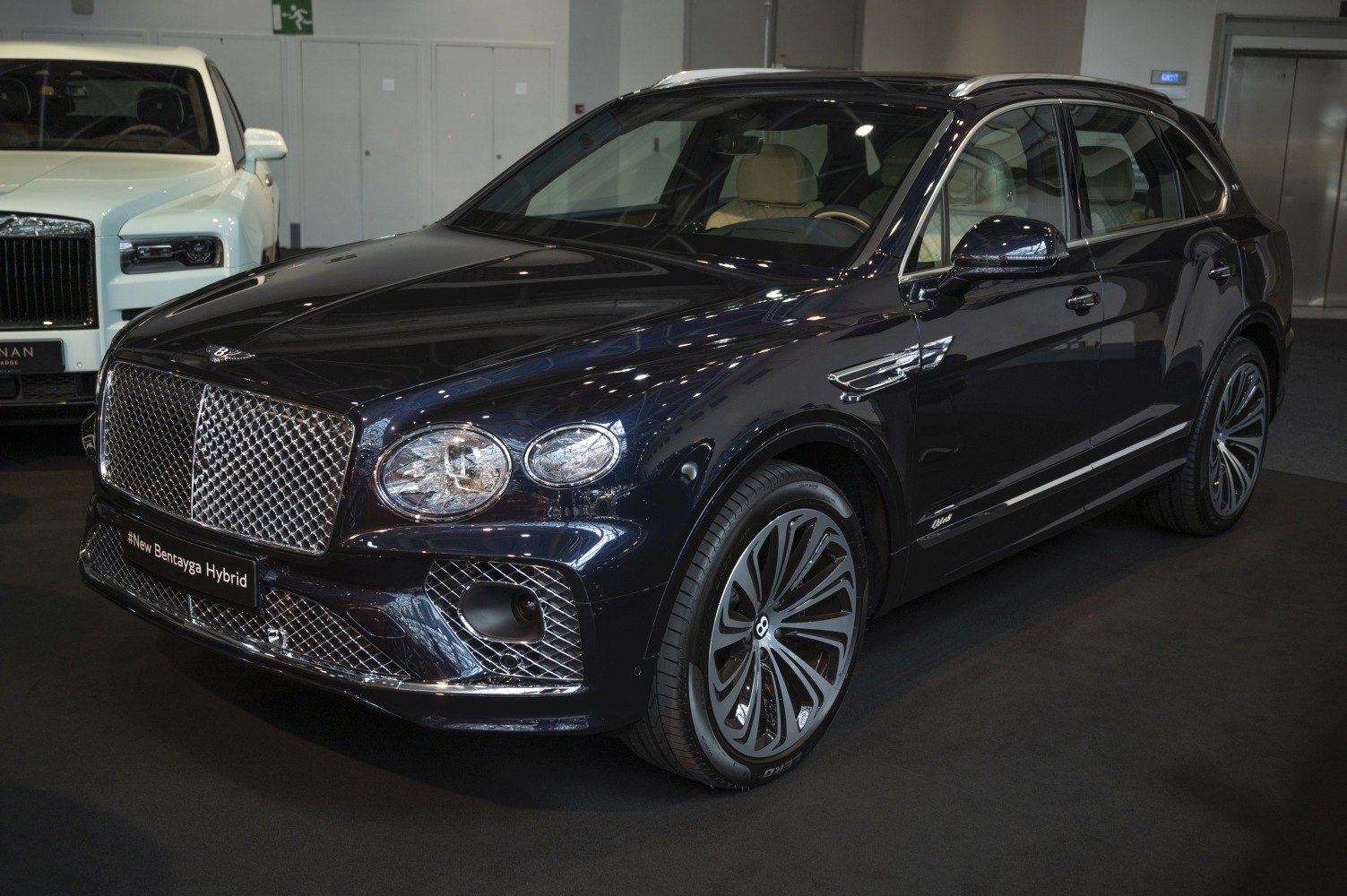 Luxury SUV front fascia with distinctive grille and hybrid emblem