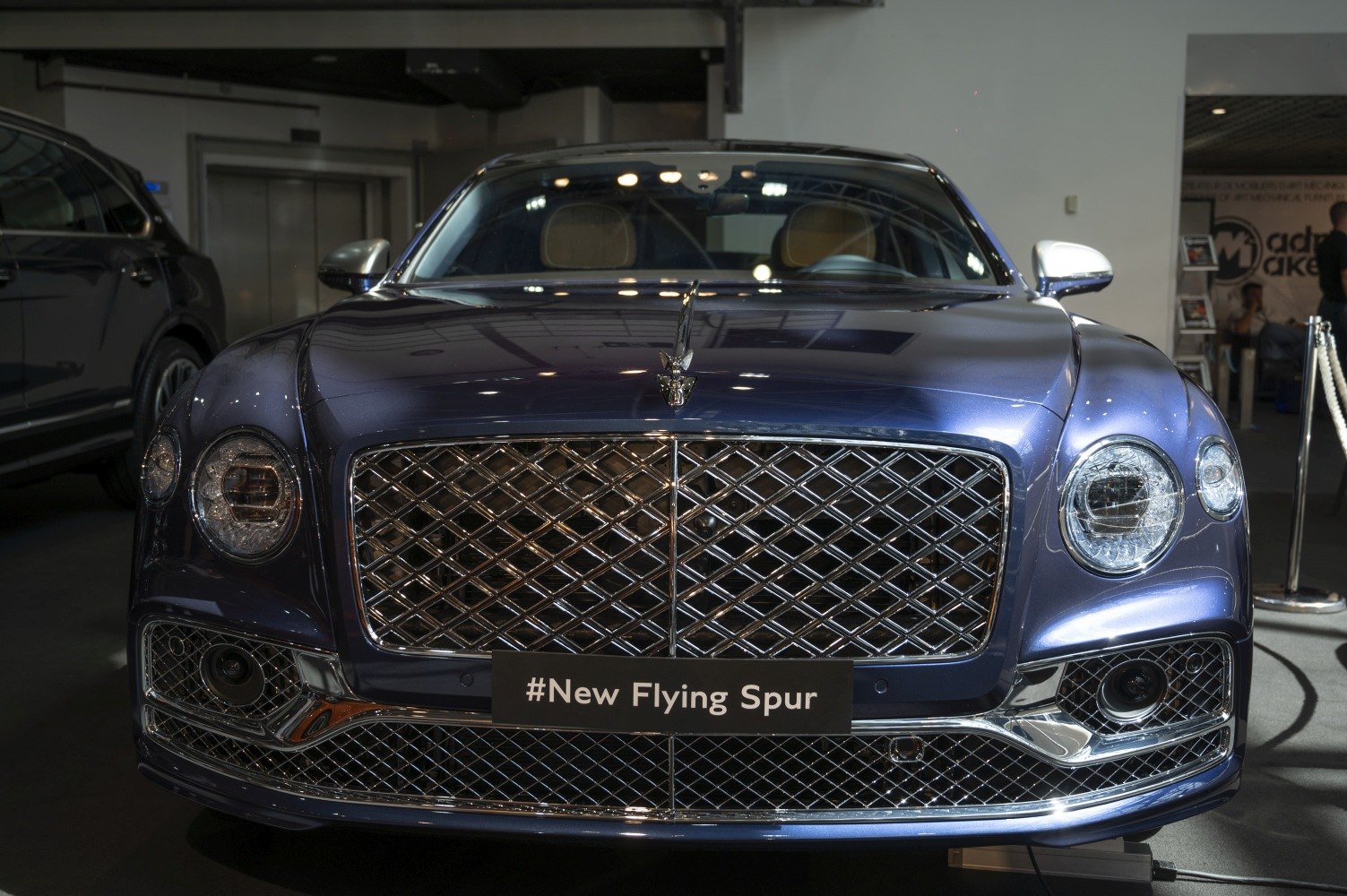 Luxury front grille and round headlights in close-up view
