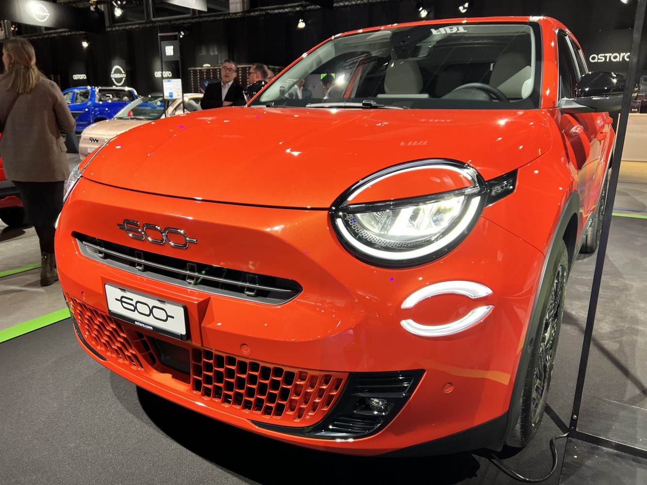 Close-up of front end with LED headlights and unique grille design