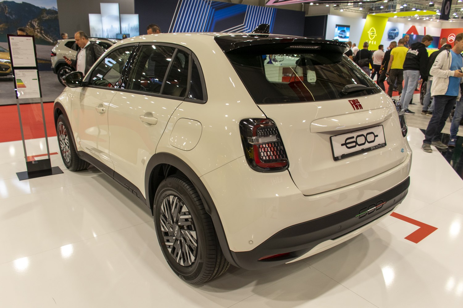 Rear view of compact electric SUV with distinct taillights and five-door layout