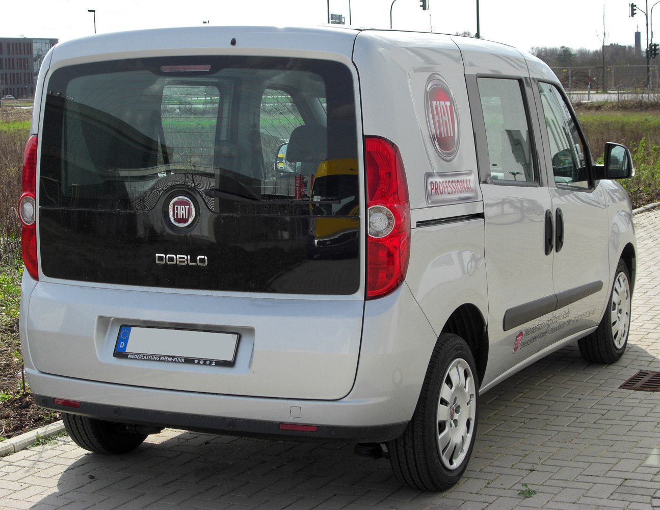 Rear view of van with black tailgate and side decal