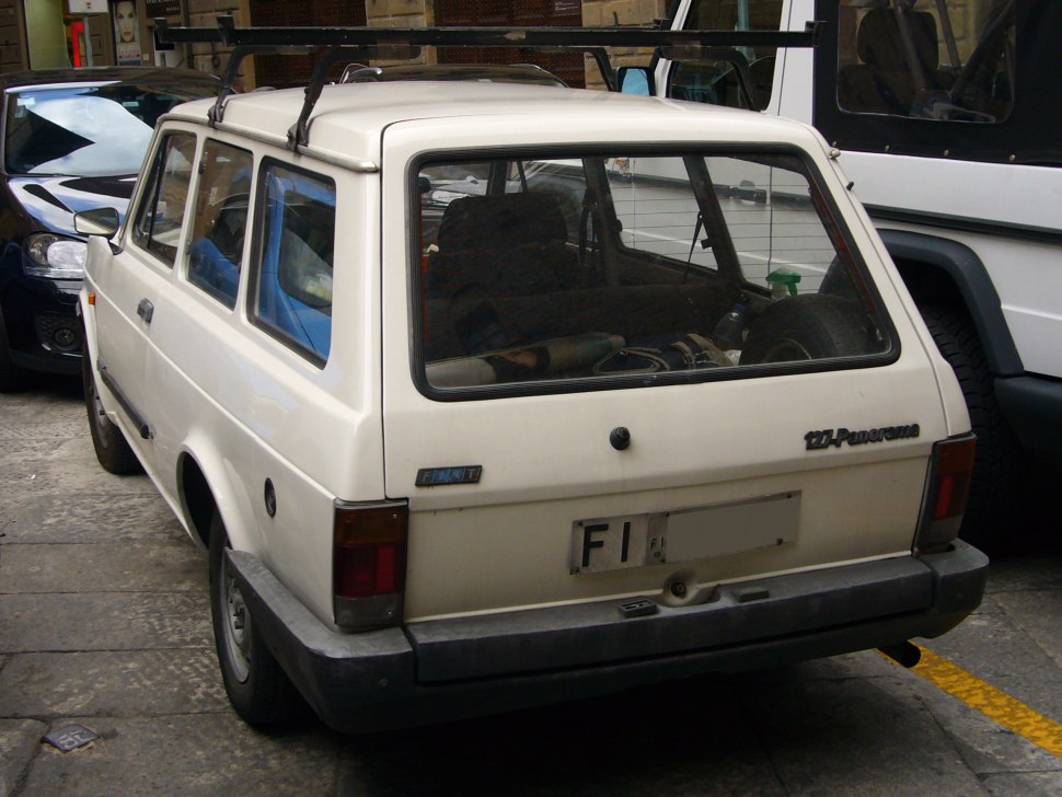 Rear view of a boxy station wagon with large rear window and luggage rack.