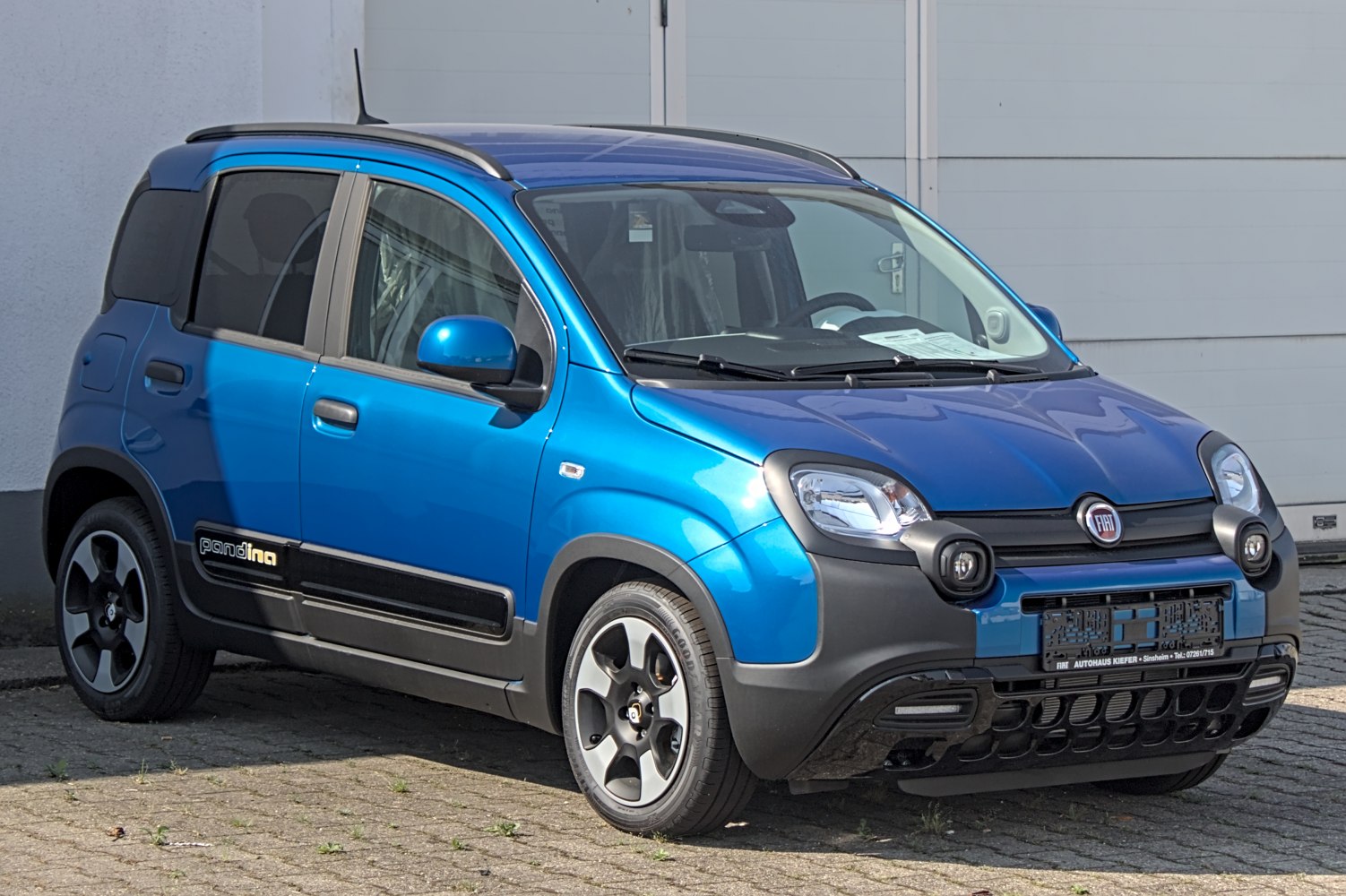 Front-side view of blue compact hatchback with unique front lights and roof rails