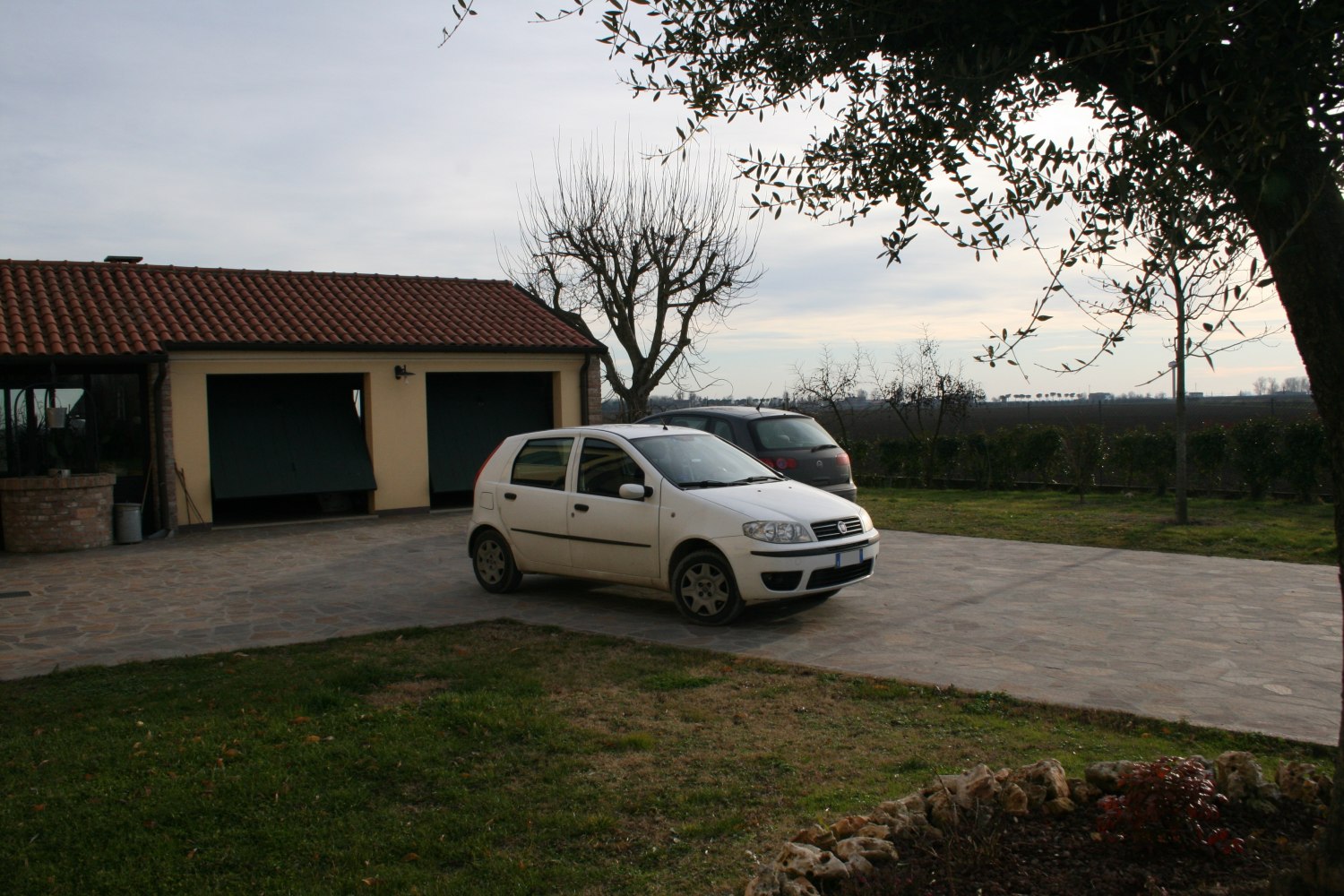 Compact 5-door hatchback parked on driveway with trees and garage.