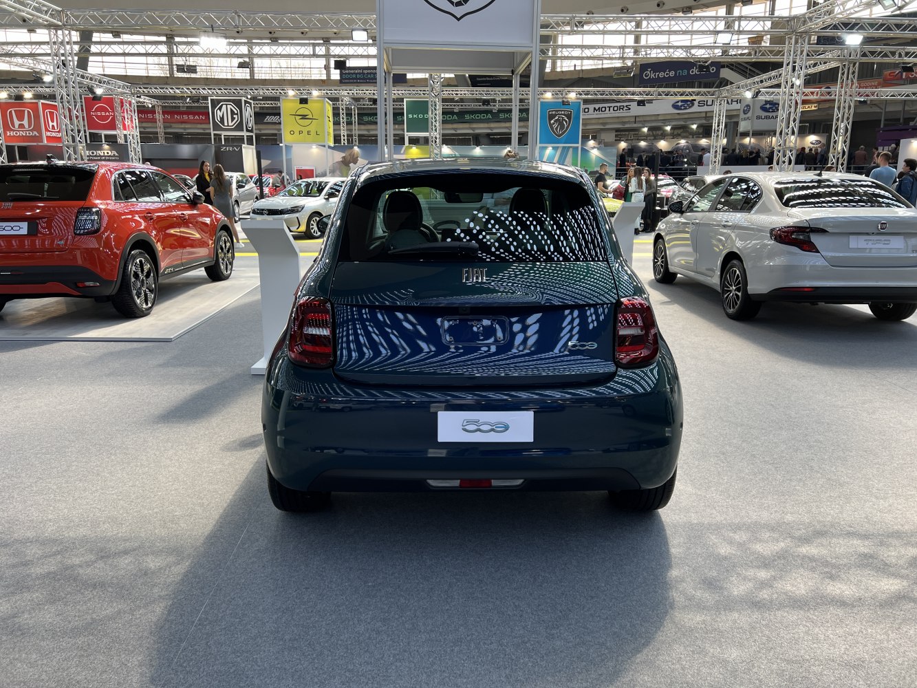 Rear view of a compact electric hatchback with distinct taillights