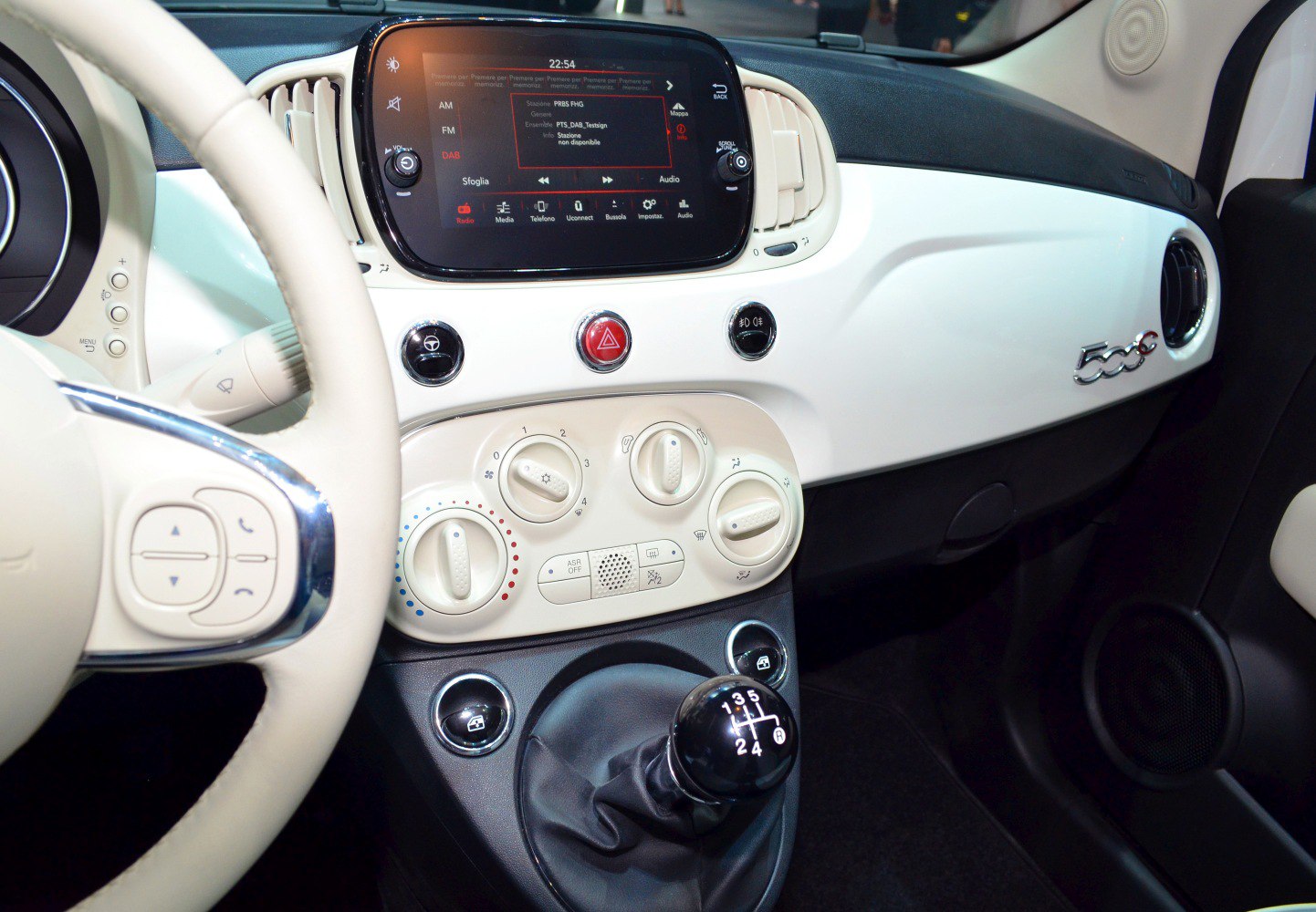Dashboard with manual gear shift and touchscreen infotainment
