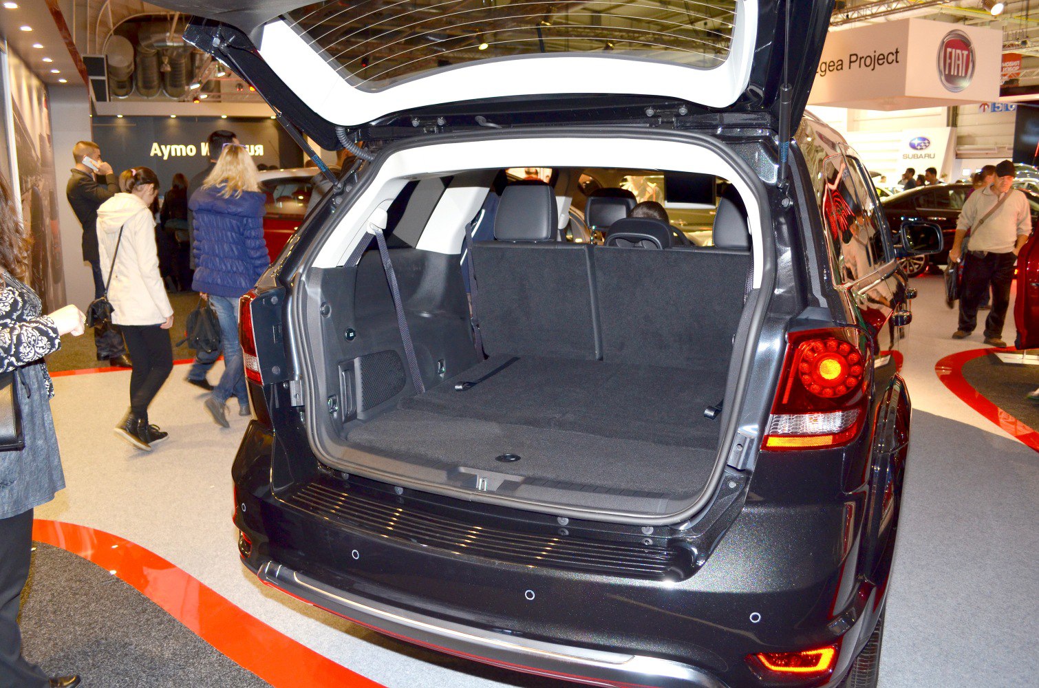 Open trunk view of spacious SUV interior with folded rear seats
