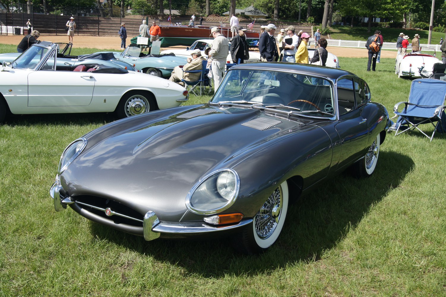 Luxury coupe with curved headlights and wire spoke wheels on grass