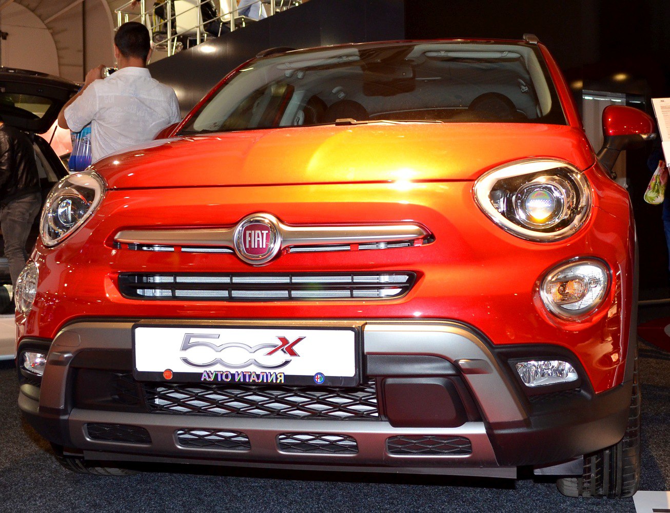 Front view of compact SUV with distinctive round headlights and rugged bumper.