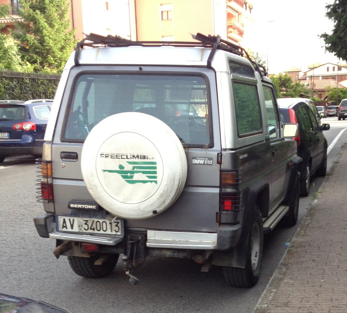 Rear view of a rugged SUV with spare tire cover and roof rails