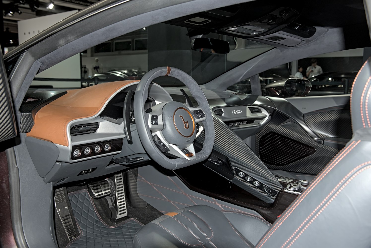 Luxury interior with carbon fiber trim and leather upholstery