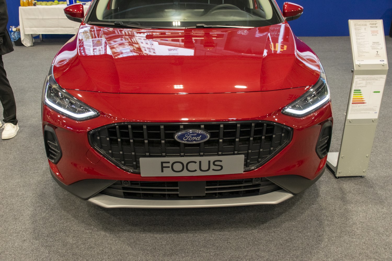 Modern front grille and LED headlights of a car front view
