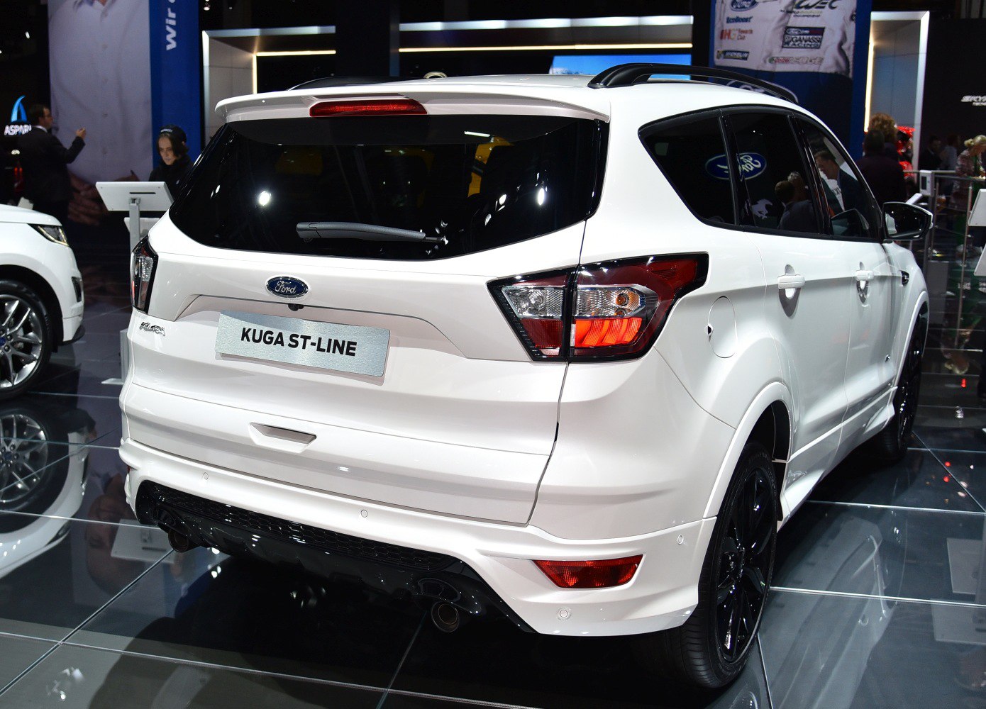 Rear view of white SUV with ST-Line badge and LED tail lights