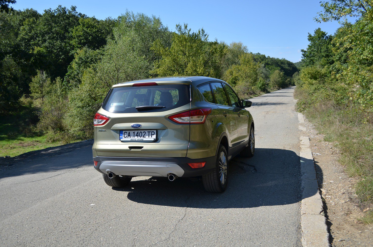 Rear view of compact SUV on tree-lined road