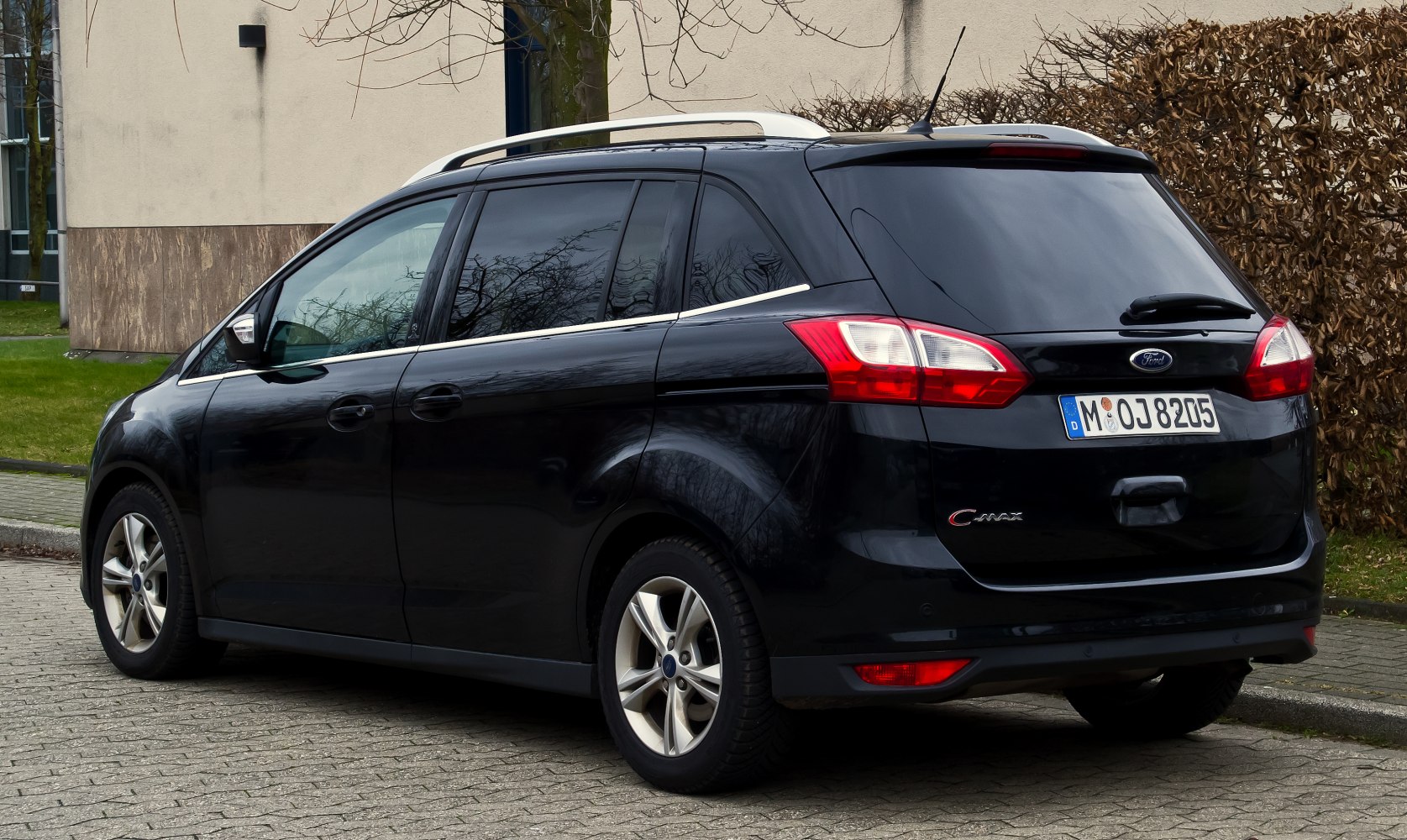 Rear and side profile of a black MPV with tinted windows and roof rails