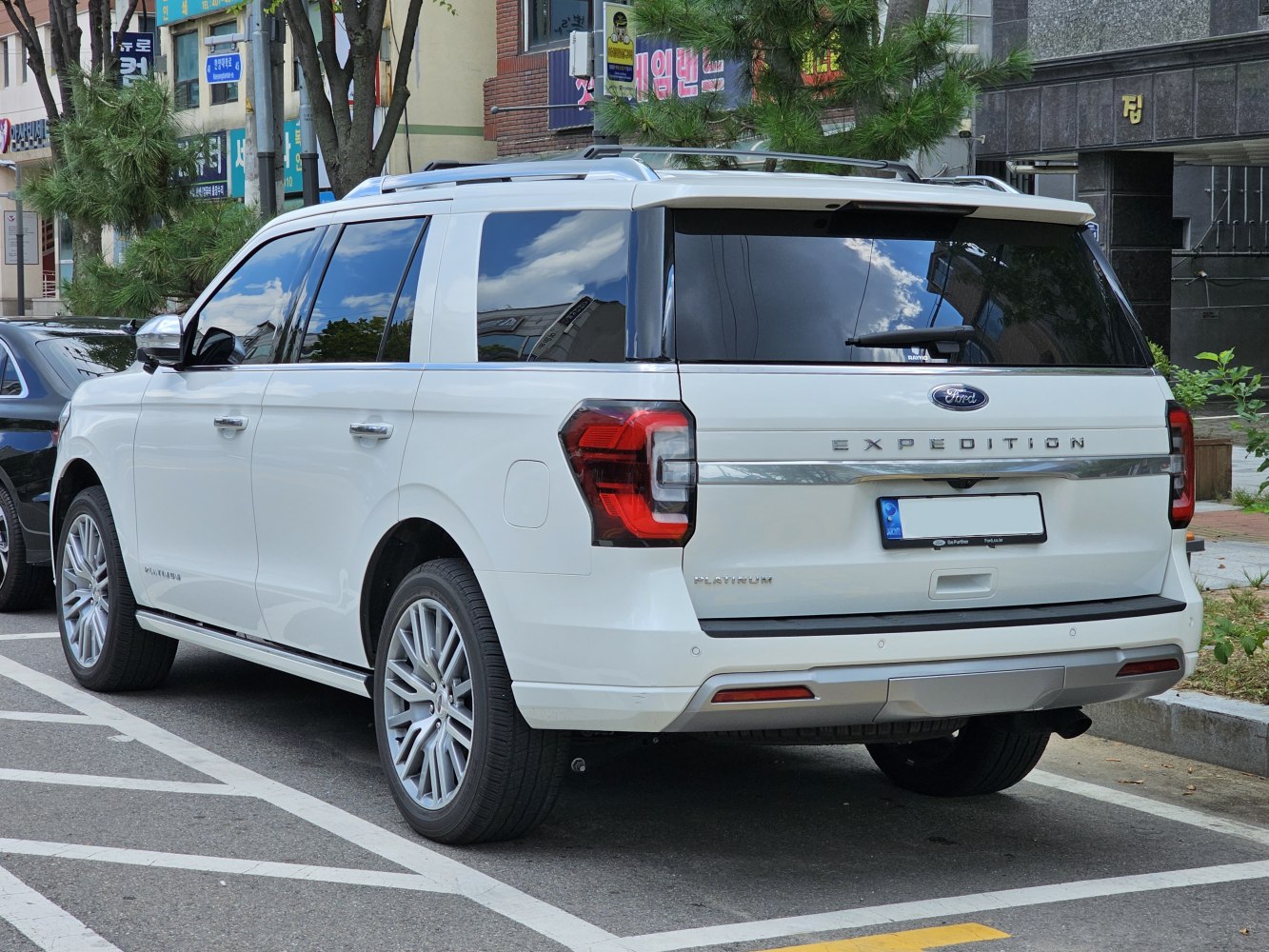 Rear view of a large SUV with distinct tail lights and roof rails