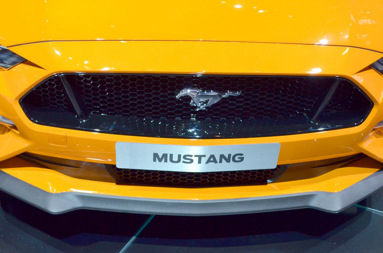 Close-up of front grille with running horse emblem