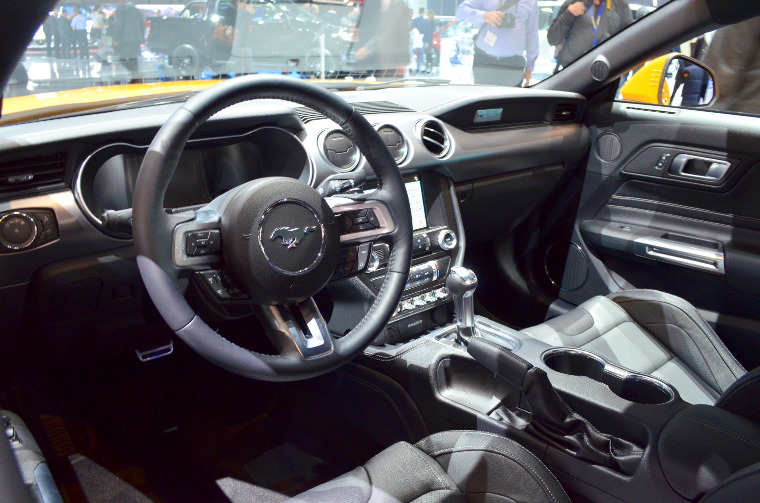 Steering wheel, dashboard, center console interior details