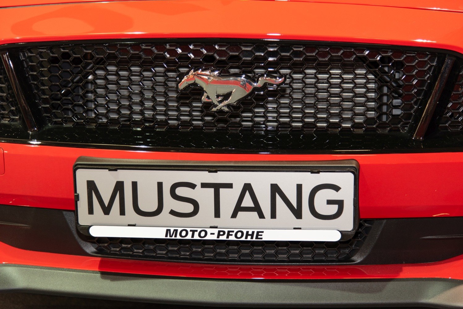 Running pony emblem on honeycomb front grille