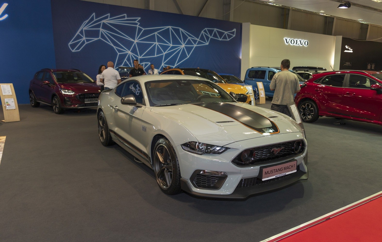 Front view of a sports coupe with racing stripe and aggressive grille