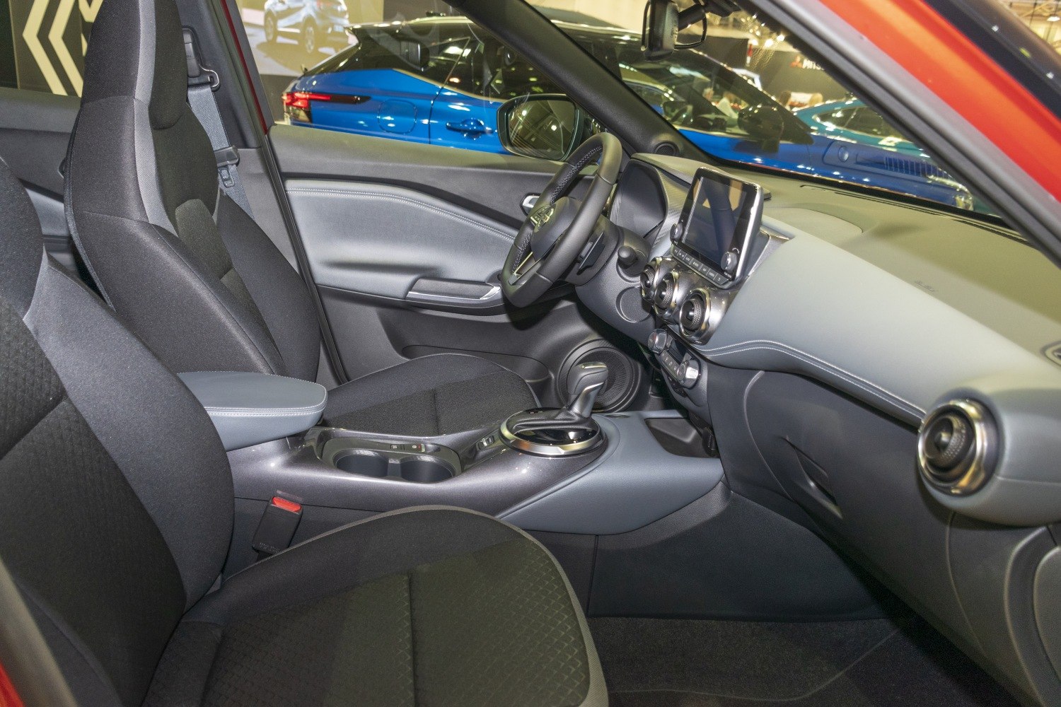 Black fabric seats with modern dashboard and touchscreen center console