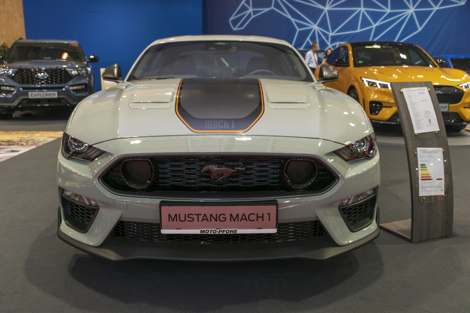 Front view of Mustang with Mach 1 hood stripe and iconic grille