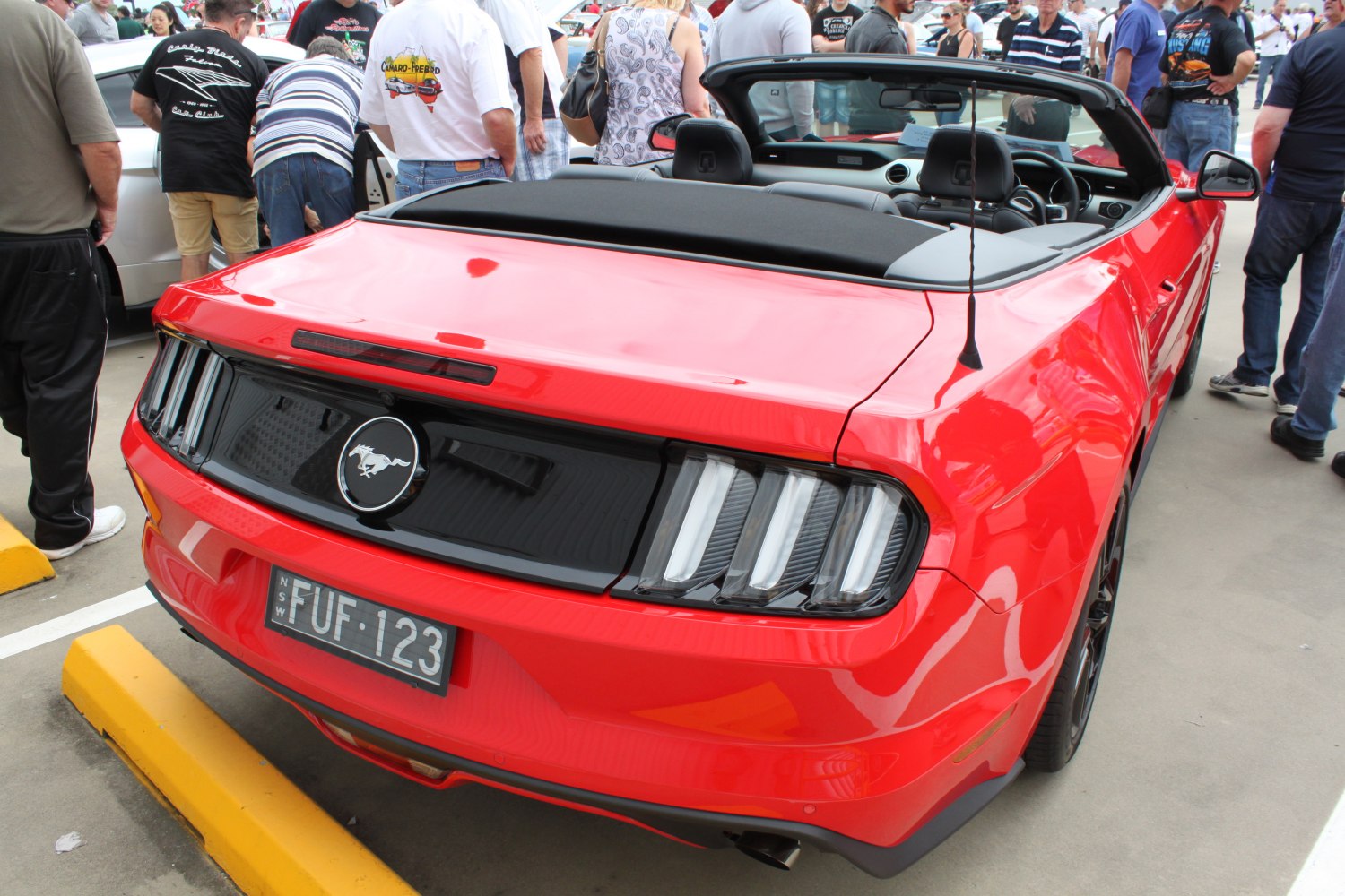 Rear view of convertible with distinct taillights and open roof