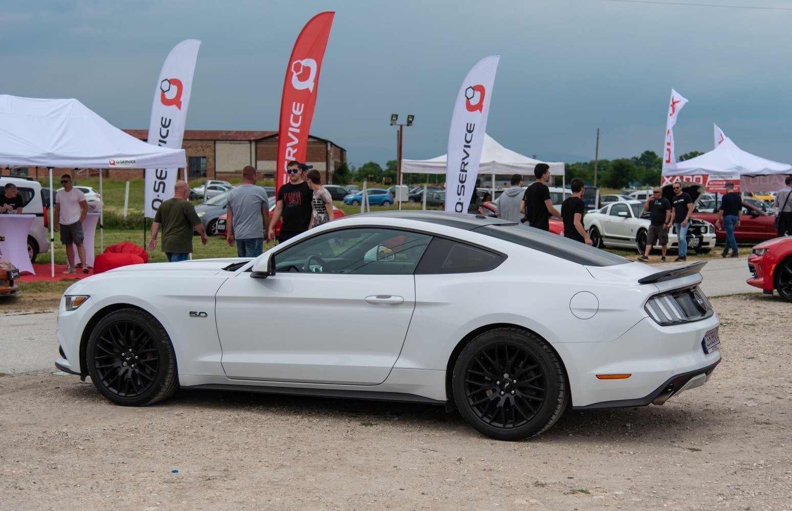 White coupe with 5.0 badge and black wheels side profile
